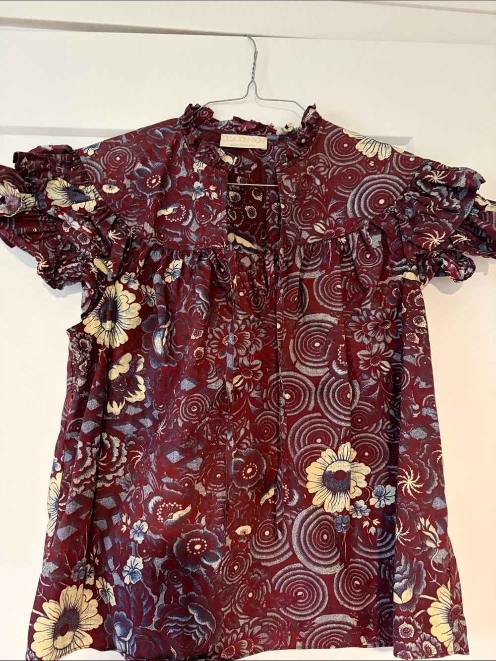 Ulla Maroon Floral Ruffle-Trim Women’s Blouse